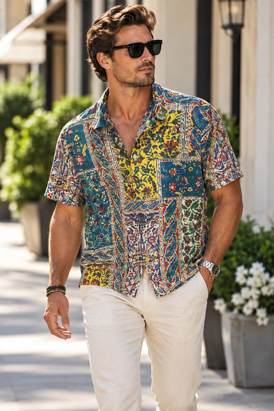 Vintage RALPH LAUREN Multicolor Patchwork Floral   Hawaiian 80s Pullover Shirt L